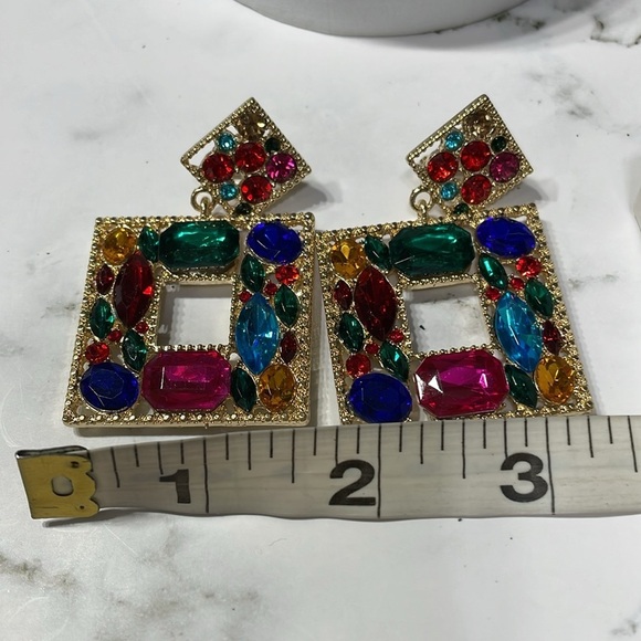 Zara Multi Colored Crystal Square Drop Clip On Earrings - Picture 11 of 12